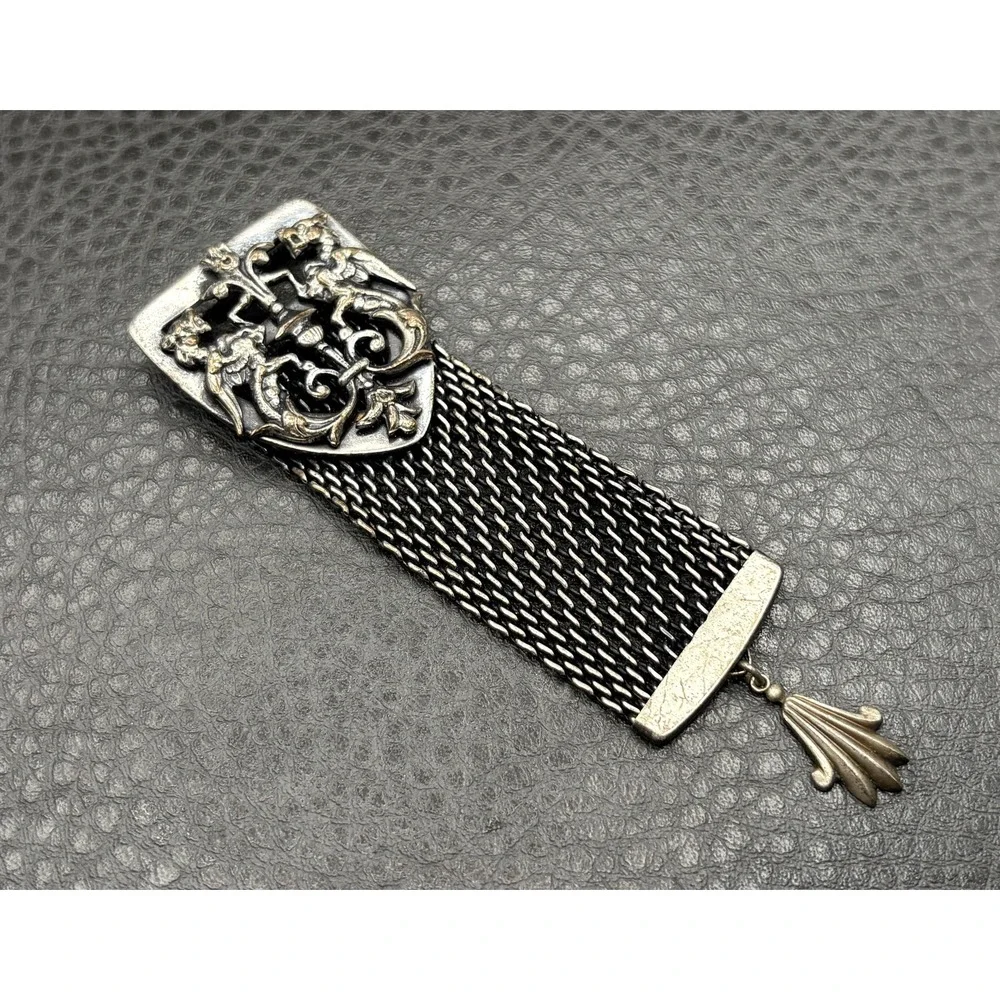 Vintage Silver Tone Ornate Baroque Mesh Brooch Pin with Shell Charm